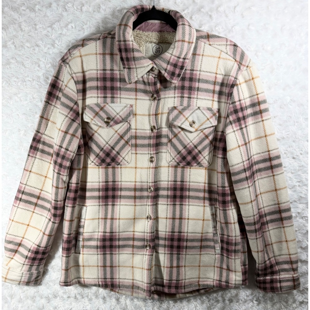 Sage Collective Women Medium Pink Plaid Sherpa Lined Fleece Shacket Jacket